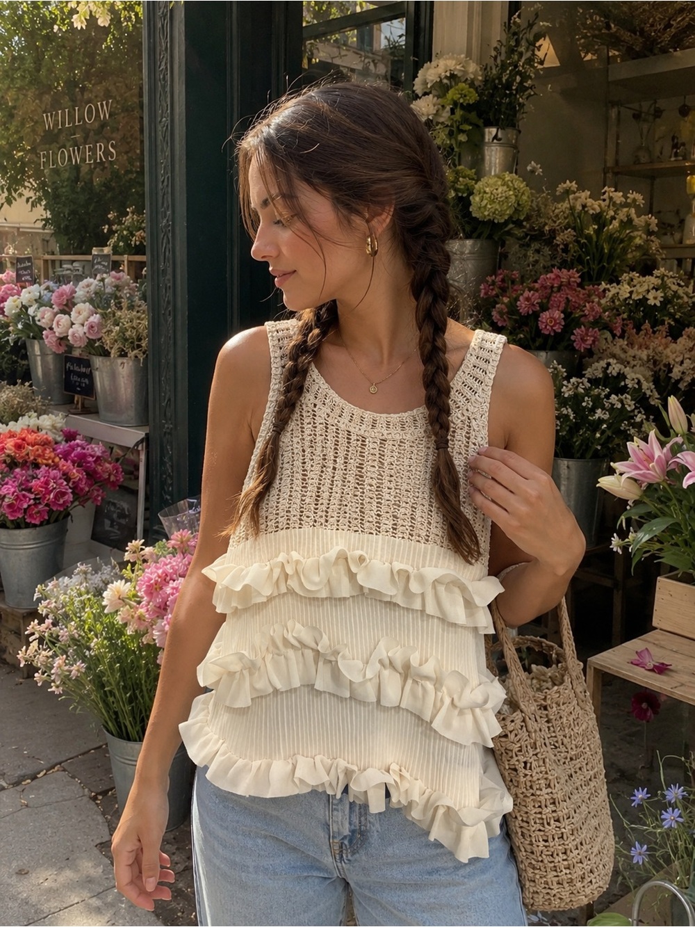 POL Cream Ruffle Knit Tank Top